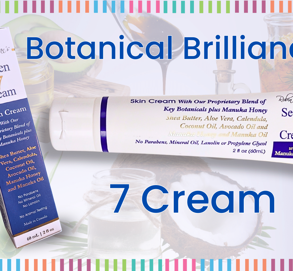 Banner for Botanical Brilliance featuring Seven 7 Cream with Manuka Honey; tube and box with herbal props and bold blue text.