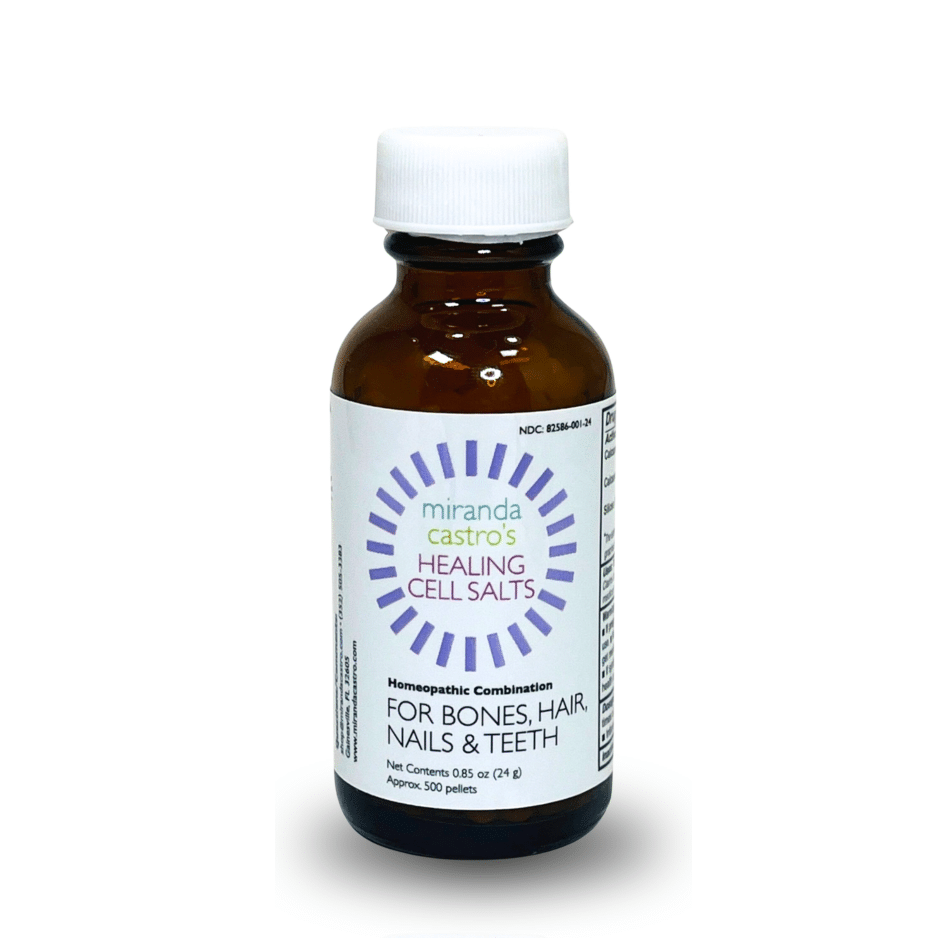 Brown glass bottle with white cap and label: Miranda Castro's Healing Cell Salts for bones, hair, nails and teeth, 0.85 oz (24 g)