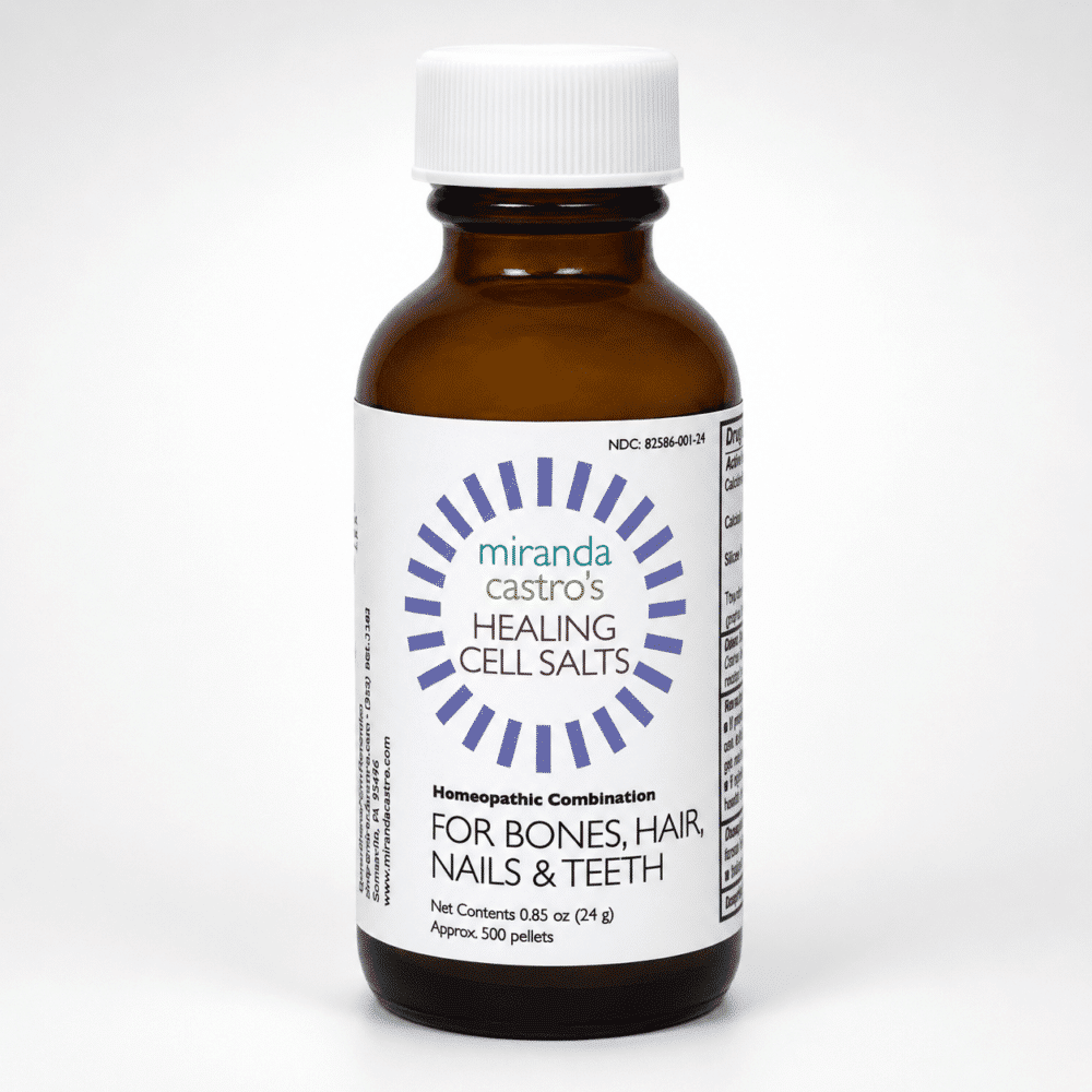 Brown glass bottle with white cap and label: Miranda Castro's Healing Cell Salts for bones, hair, nails and teeth, 0.85 oz (24 g).
