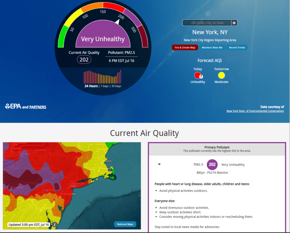airnowgov - Miranda Castro's Shop EPA air quality dashboard: circular gauge reads 'Very Unhealthy' with AQI 202 for New York, NY, plus forecast and map elements on a blue background.