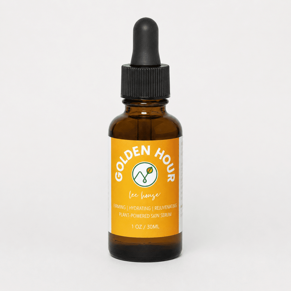 Amber glass dropper bottle labeled Golden Hour plant-powered skin serum by Lee House, with a black cap and yellow label (1 oz/30 ml)