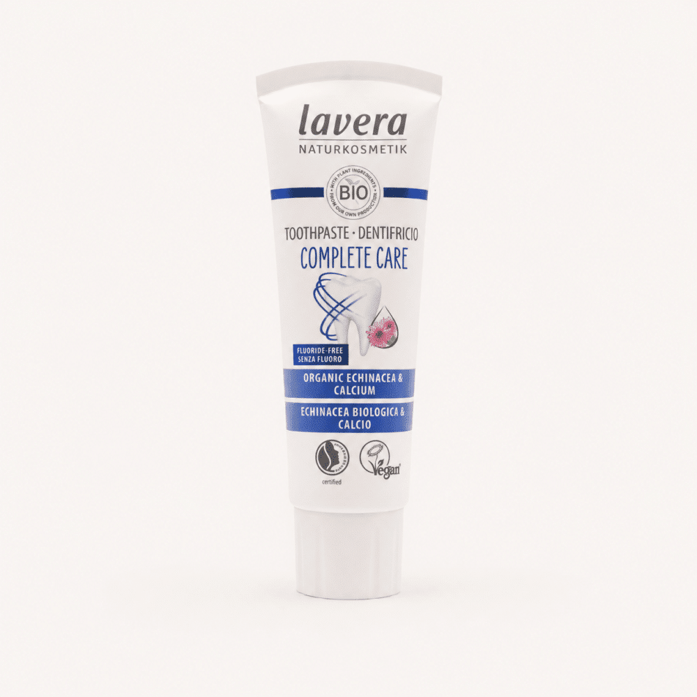 Front of toothpaste tube Lavera Complete Care Fluoride Free Remineralizing Toothpaste with echinacea and calendula