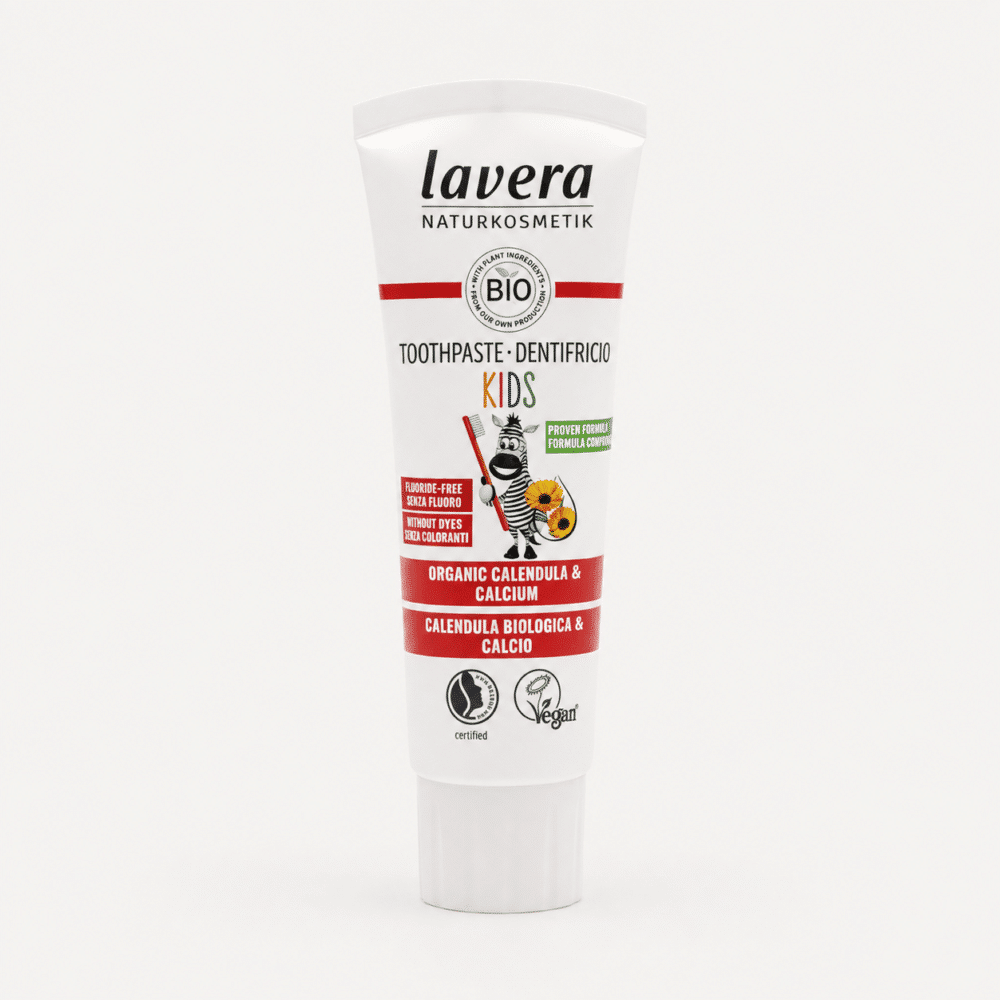 Front of toothpaste tube Lavera Kids Fluoride Free Remineralizing Toothpaste with calendula