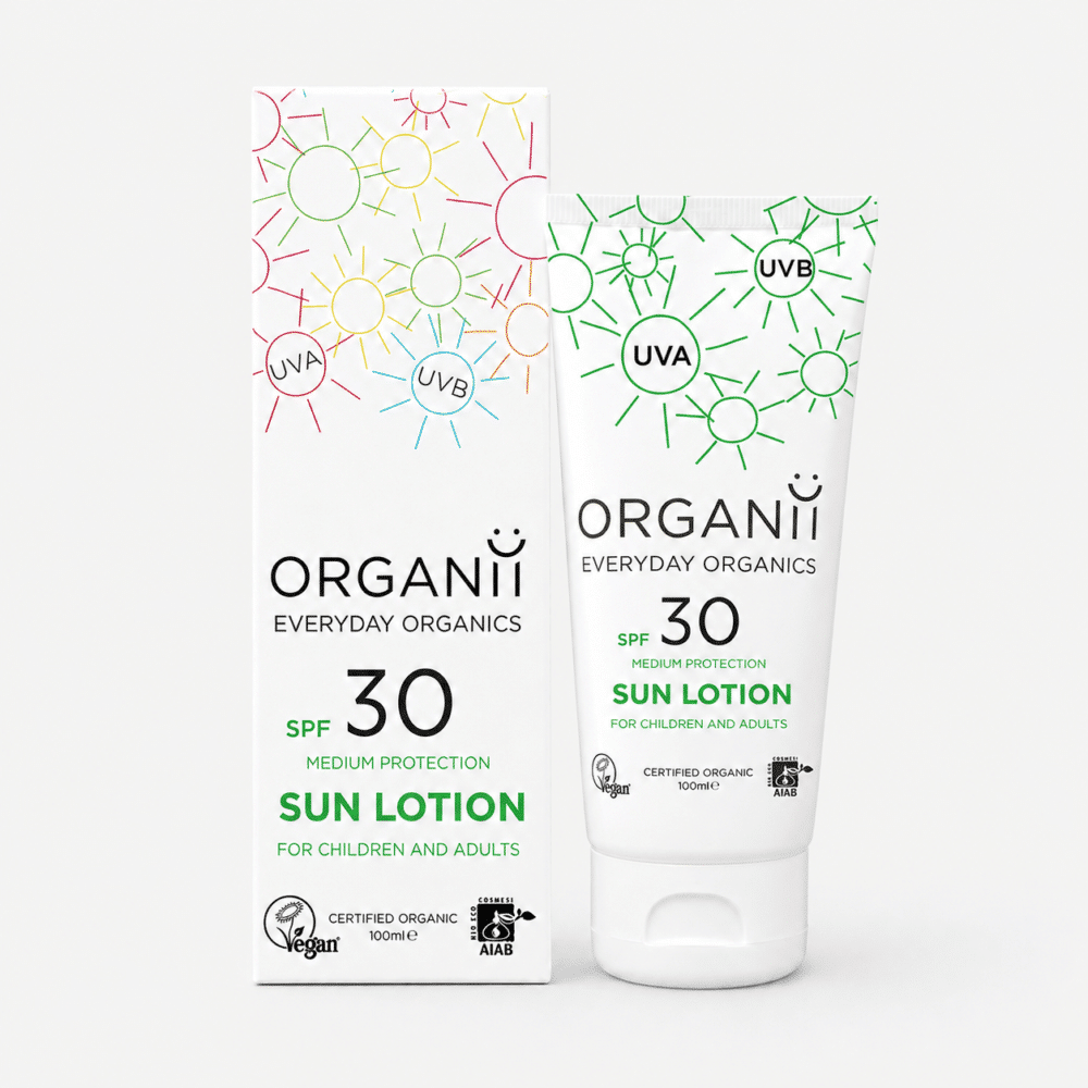 White box and tube, Organii Organic Sunscreen called Sun Lotion SPF 30